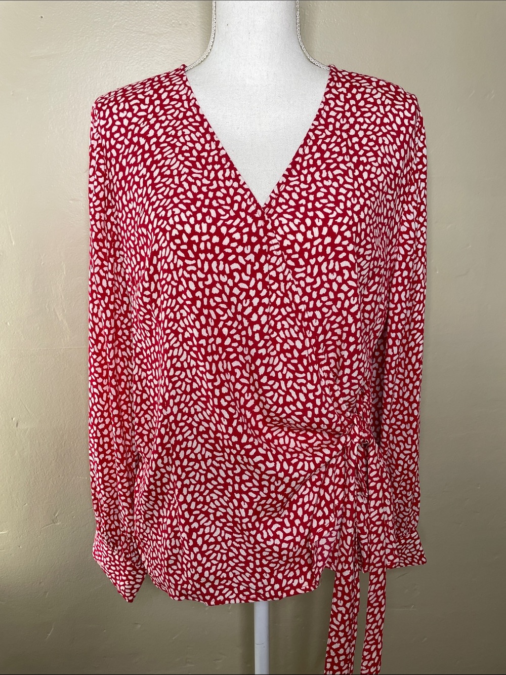 TALBOTS Red & White Abstract Print Faux Wrap Preppy Career Blouse NWT XLP